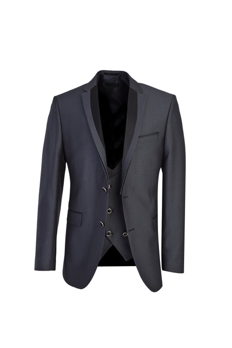 Koyu Füme 7 Drop Slim Fit Dar Kesim Mono Yaka Yelekli Smokin & Damatlık