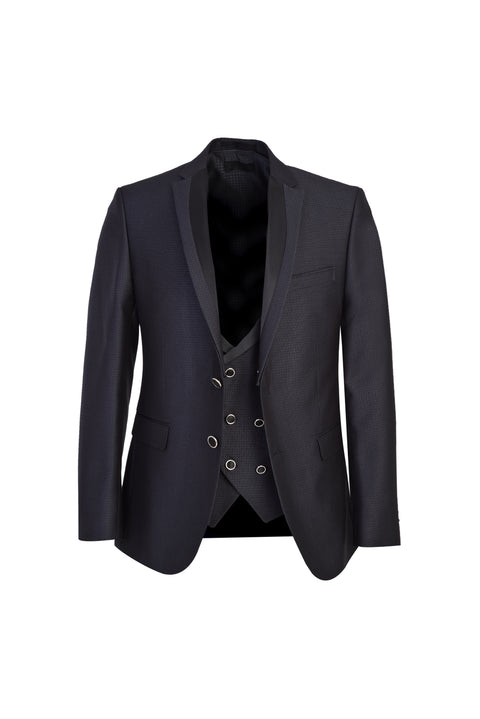 Siyah Lacivert 7 Drop Slim Fit Dar Kesim Mono Yaka Yelekli Smokin & Damatlık