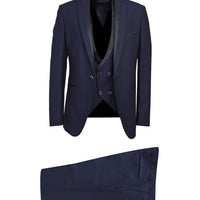 Koyu Lacivert 7 Drop Slim Fit Dar Kesim Sivri Yaka Yelekli Smokin & Damatlık