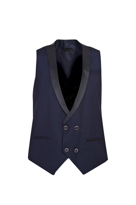 Koyu Lacivert 7 Drop Slim Fit Dar Kesim Sivri Yaka Yelekli Smokin & Damatlık