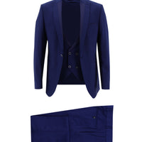 Koyu Mavi 7 Drop Slim Fit Dar Kesim Sivri Yaka Yelekli Smokin & Damatlık
