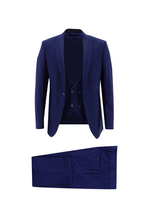 Koyu Mavi 7 Drop Slim Fit Dar Kesim Sivri Yaka Yelekli Smokin & Damatlık