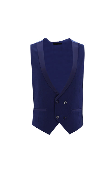 Koyu Mavi 7 Drop Slim Fit Dar Kesim Sivri Yaka Yelekli Smokin & Damatlık