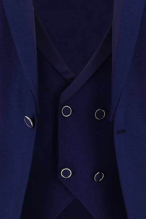 Koyu Mavi 7 Drop Slim Fit Dar Kesim Sivri Yaka Yelekli Smokin & Damatlık