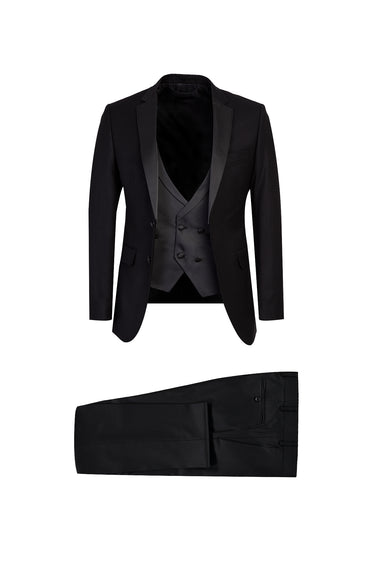 Siyah Mono Yaka Yelekli Slim Fit Dar Kesim Smokin / Damatlık