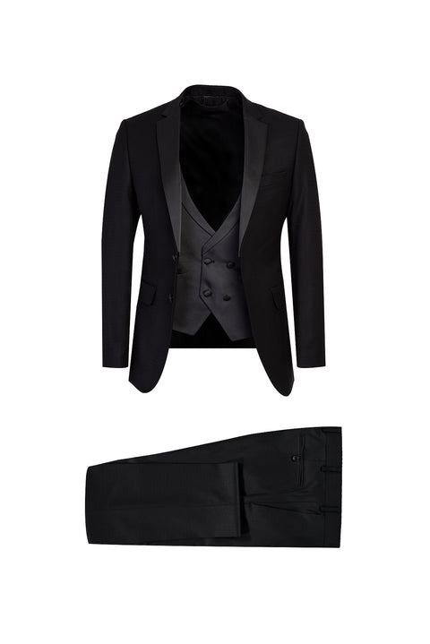 Siyah Mono Yaka Yelekli 7 Drop Slim Fit Dar Kesim Smokin & Damatlık