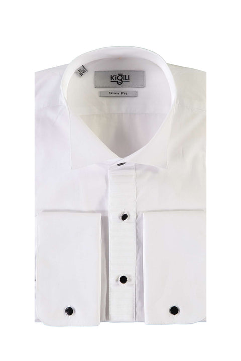 White Stand Collar Slim Fit Narrow Cut Cotton Shirt