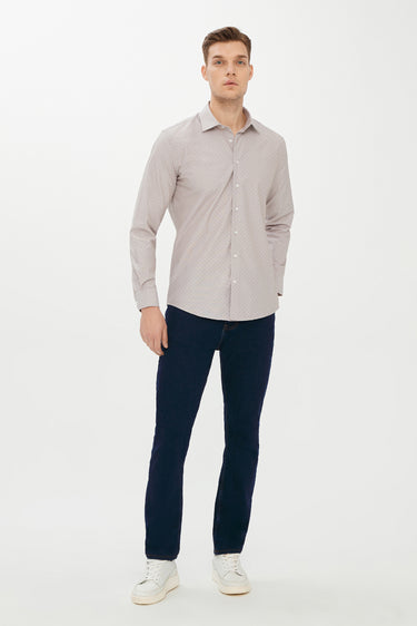 Orta Kahve Uzun Kol Slim Fit Dar Kesim Desenli Gömlek