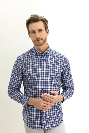 Orta Lacivert Uzun Kol Regular Fit Ekose Gömlek