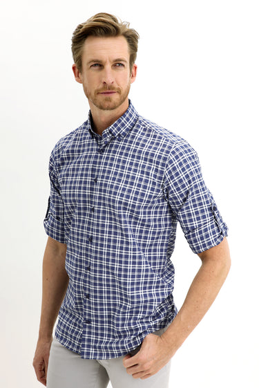 Orta Lacivert Uzun Kol Regular Fit Ekose Gömlek