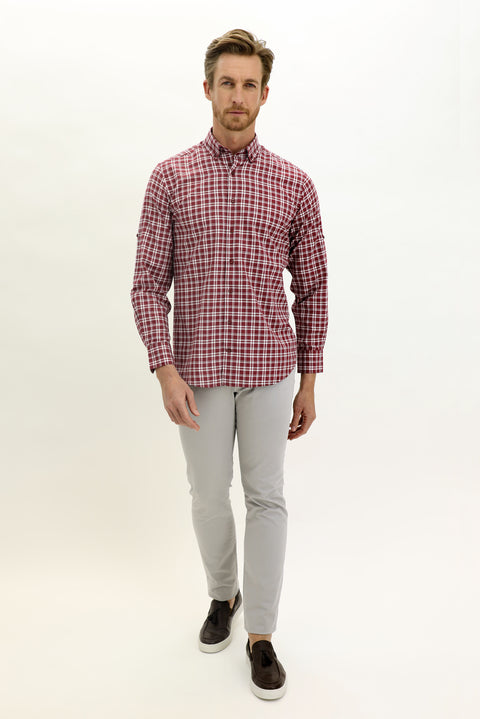 Dark Burgundy Long Sleeve Regular Fit Plaid Sport Shirt