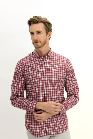 Koyu Bordo Uzun Kol Regular Fit Ekose Spor Gömlek