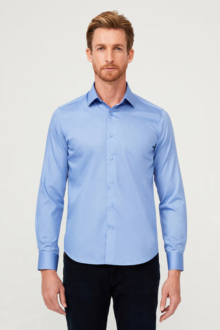 Aqua Mavisi Uzun Kol Slim Fit Dar Kesim Non Iron Saten Klasik Pamuklu Gömlek
