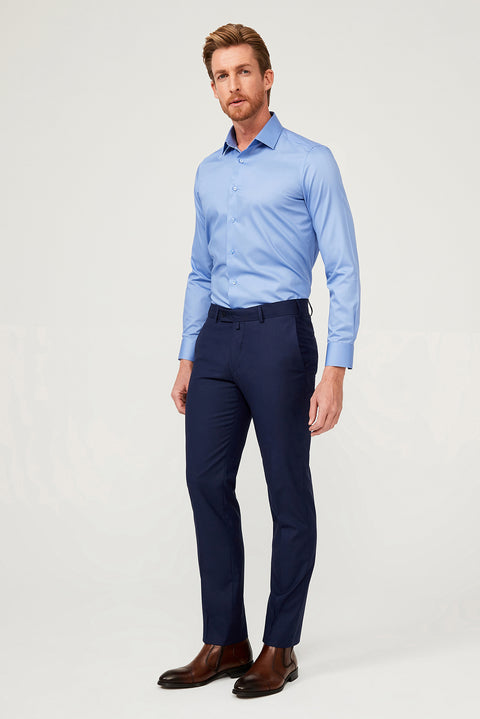 Aqua Mavisi Uzun Kol Slim Fit Dar Kesim Non Iron Saten Klasik Pamuklu Gömlek