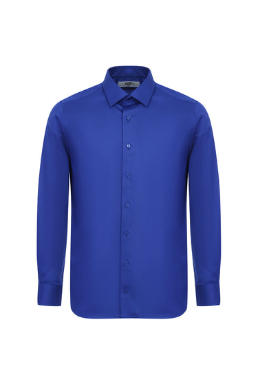 Saks Mavi Uzun Kol Slim Fit Dar Kesim Non Iron Saten Klasik Pamuklu Gömlek