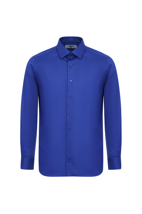 Saks Mavi Uzun Kol Slim Fit Dar Kesim Non Iron Saten Klasik Pamuklu Gömlek