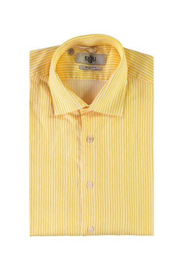 Açık Sarı Uzun Kol Slim Fit Dar Kesim Çizgili Pamuk Gömlek