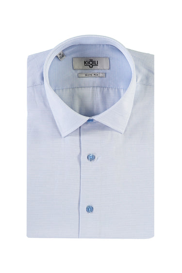 Uçuk Mavi Kısa Kol Slim Fit Dar Kesim Desenli Gömlek