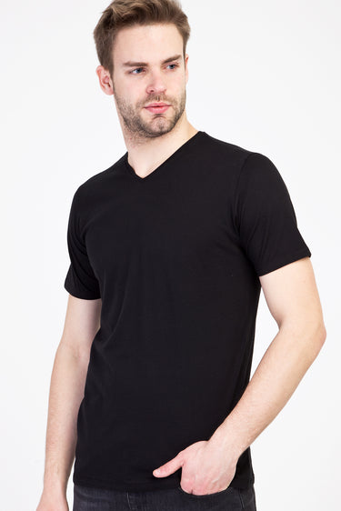 Siyah V Yaka Slim Fit Dar Kesim Pamuk Tişört