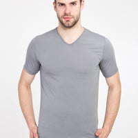 Açık Gri V Yaka Slim Fit Dar Kesim Pamuk Tişört