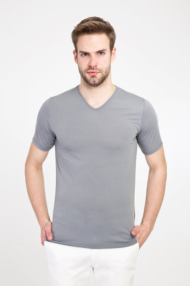 Açık Gri V Yaka Slim Fit Dar Kesim Pamuk Tişört