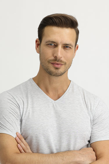 Açık Gri Melanj V Yaka Slim Fit Dar Kesim Pamuk Tişört