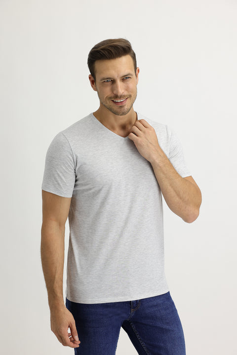 Açık Gri Melanj V Yaka Slim Fit Dar Kesim Pamuk Tişört