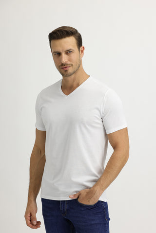 Beyaz V Yaka Slim Fit Dar Kesim Pamuk Tişört