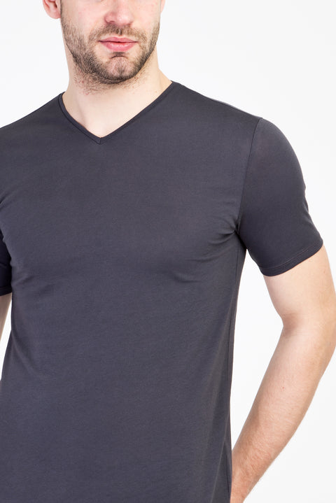 Koyu Antrasit V Yaka Slim Fit Dar Kesim Pamuk Tişört