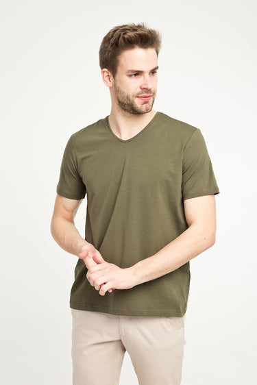 Orta Haki V Yaka Slim Fit Dar Kesim Tişört