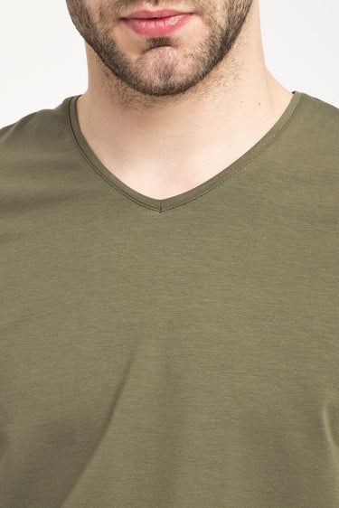 Orta Haki V Yaka Slim Fit Dar Kesim Tişört