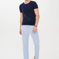 Koyu Lacivert Bisiklet Yaka Super Slim Fit Ekstra Dar Kesim Baskılı Tişört