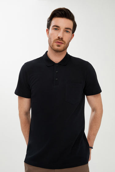 Siyah Cepli Polo Yaka Regular Fit Pamuk Tişört
