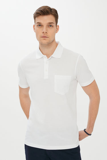Beyaz Cepli Polo Yaka Regular Fit Pamuk Tişört