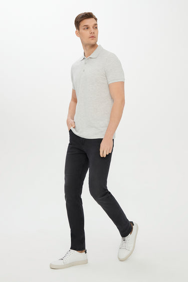 Açık Gri Melanj Polo Yaka Slim Fit Dar Kesim Pamuk Tişört