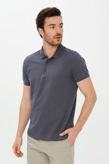 Orta Gri Polo Yaka Slim Fit Dar Kesim Pamuk Tişört
