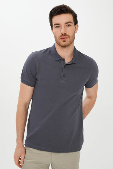 Orta Gri Polo Yaka Slim Fit Dar Kesim Pamuk Tişört