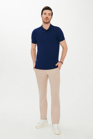 Orta Lacivert Polo Yaka Slim Fit Dar Kesim Pamuk Tişört