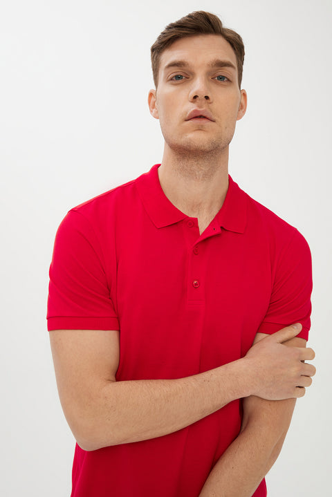 Bayrak Kırmızı Polo Yaka Slim Fit Dar Kesim Pamuk Tişört