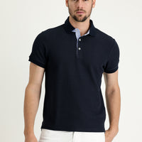 Koyu Lacivert Polo Yaka Slim Fit Dar Kesim Desenli Pamuk Tişört
