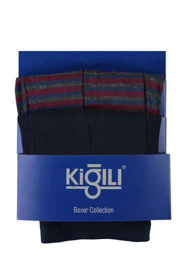 Orta Lacivert 2'li Çizgili Pamuklu Süprem Boxer Seti