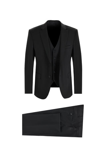 Siyah Slim Fit Dar Kesim Yelekli Takım Elbise