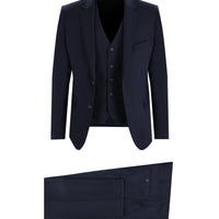Koyu Lacivert 7 Drop Slim Fit Dar Kesim Yelekli Takım Elbise
