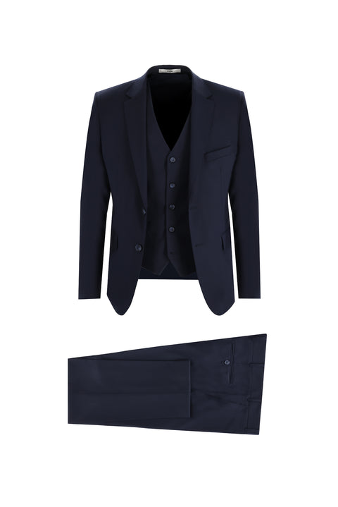 Koyu Lacivert 7 Drop Slim Fit Dar Kesim Yelekli Takım Elbise
