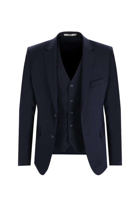Koyu Lacivert 7 Drop Slim Fit Dar Kesim Yelekli Takım Elbise