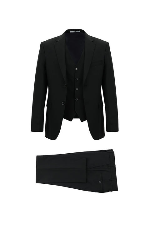 Siyah 7 Drop Slim Fit Dar Kesim Yelekli Takım Elbise