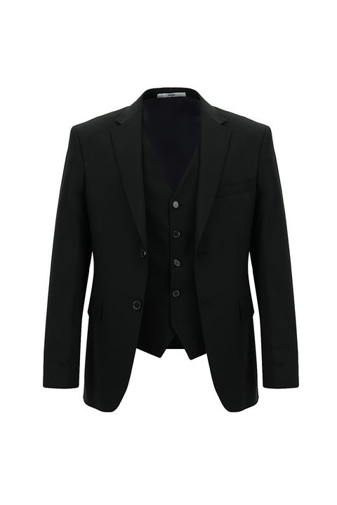 Siyah 7 Drop Slim Fit Dar Kesim Yelekli Takım Elbise