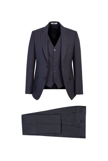 Koyu Füme Slim Fit Dar Kesim Yünlü Yelekli Takım Elbise