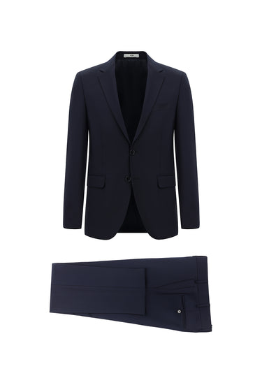 Koyu Lacivert Slim Fit Dar Kesim Yünlü Klasik Takım Elbise