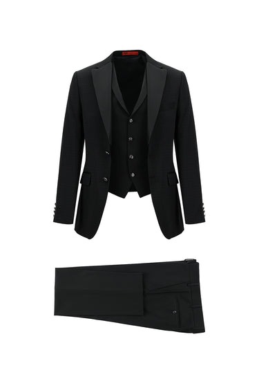 Siyah Slim Fit Dar Kesim Mono Yaka Yelekli Smokin & Damatlık